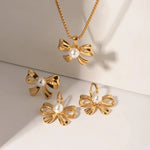 Load image into Gallery viewer, 18k Dainty Bow Pearl Center Necklace, Earring, Ring Set