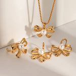 Load image into Gallery viewer, 18k Dainty Bow Pearl Center Necklace, Earring, Ring Set