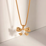 Load image into Gallery viewer, 18k Dainty Bow Pearl Center Necklace, Earring, Ring Set