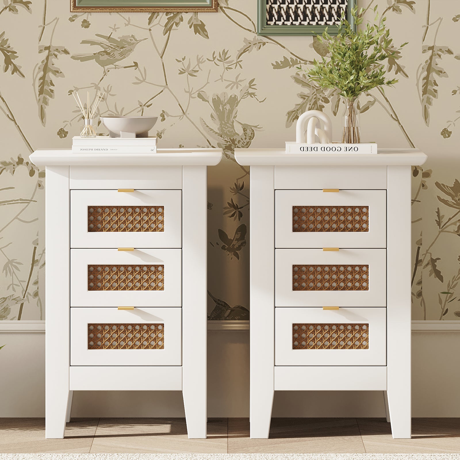 15" White Rattan-Woven Wooden Nightstand Set