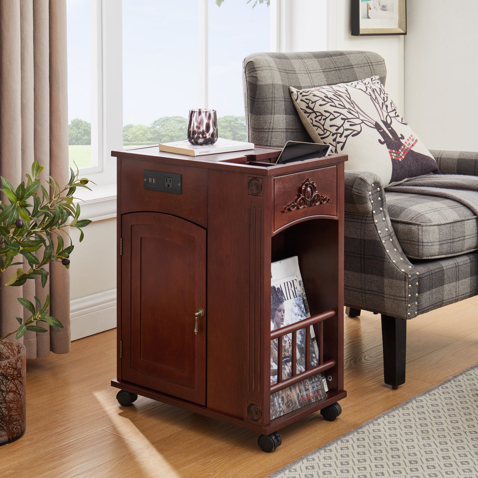 13" Red Walnut Traditional End Table with Charging Station & USB Ports