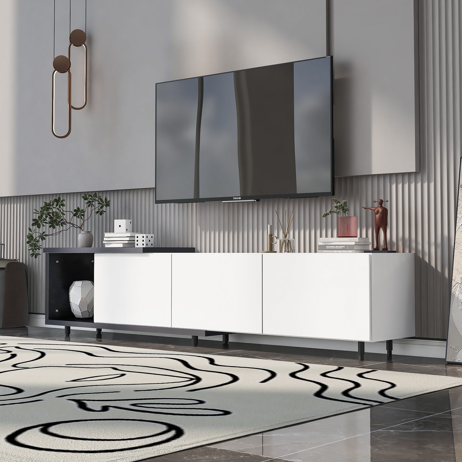 White Adjustable Length Modern TV Stand for TVs over 80"