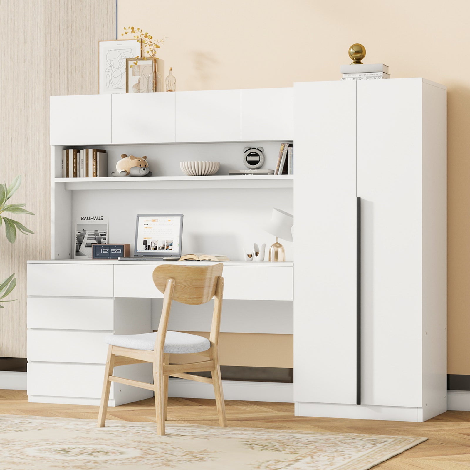 90" White 2 Door Wooden Storage Cabinet with Integrated Desk