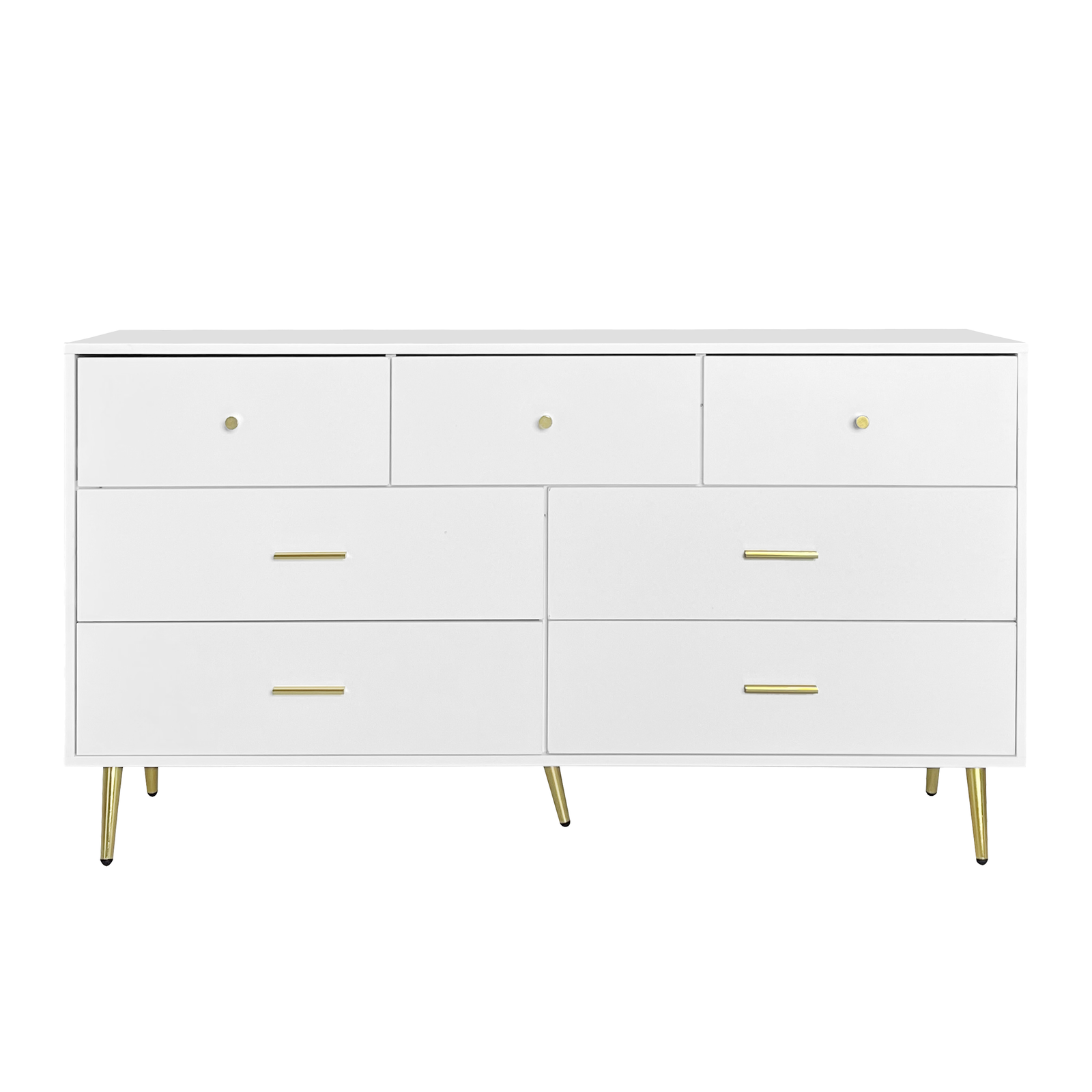 55" White 7 Drawer Chest of Drawers With Golden Accents