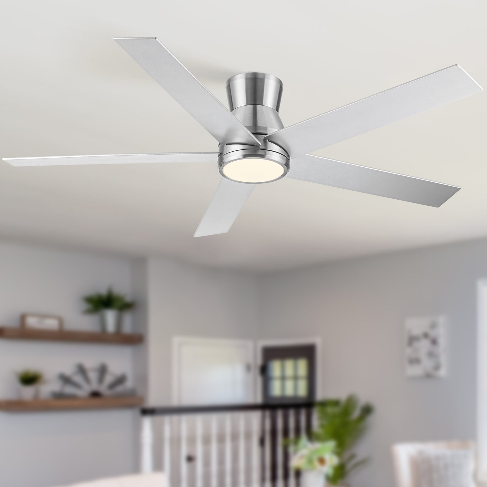 52" Modern Sleek Brushed Nickel Ceiling Fan With Light