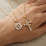 Load image into Gallery viewer, 2pc 14k Diamond Cross Crown & Initial Necklace Set