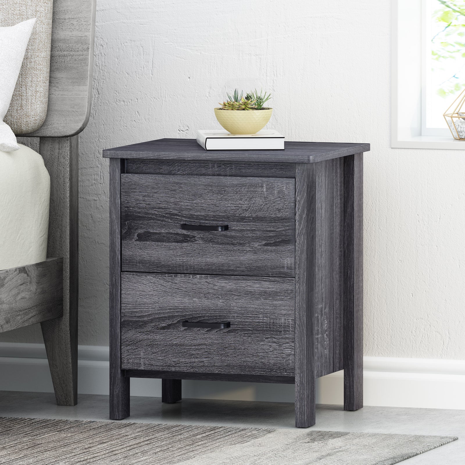 20" Dark Gray Pre-Assembled Nightstand with Faux Wood Finish