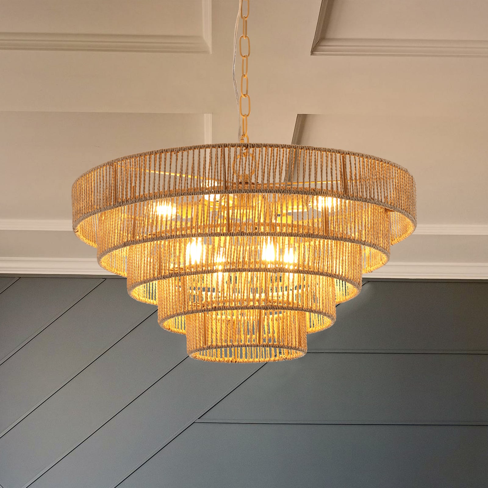 Farmhouse Woven Rattan Chandelier with 8 Lights