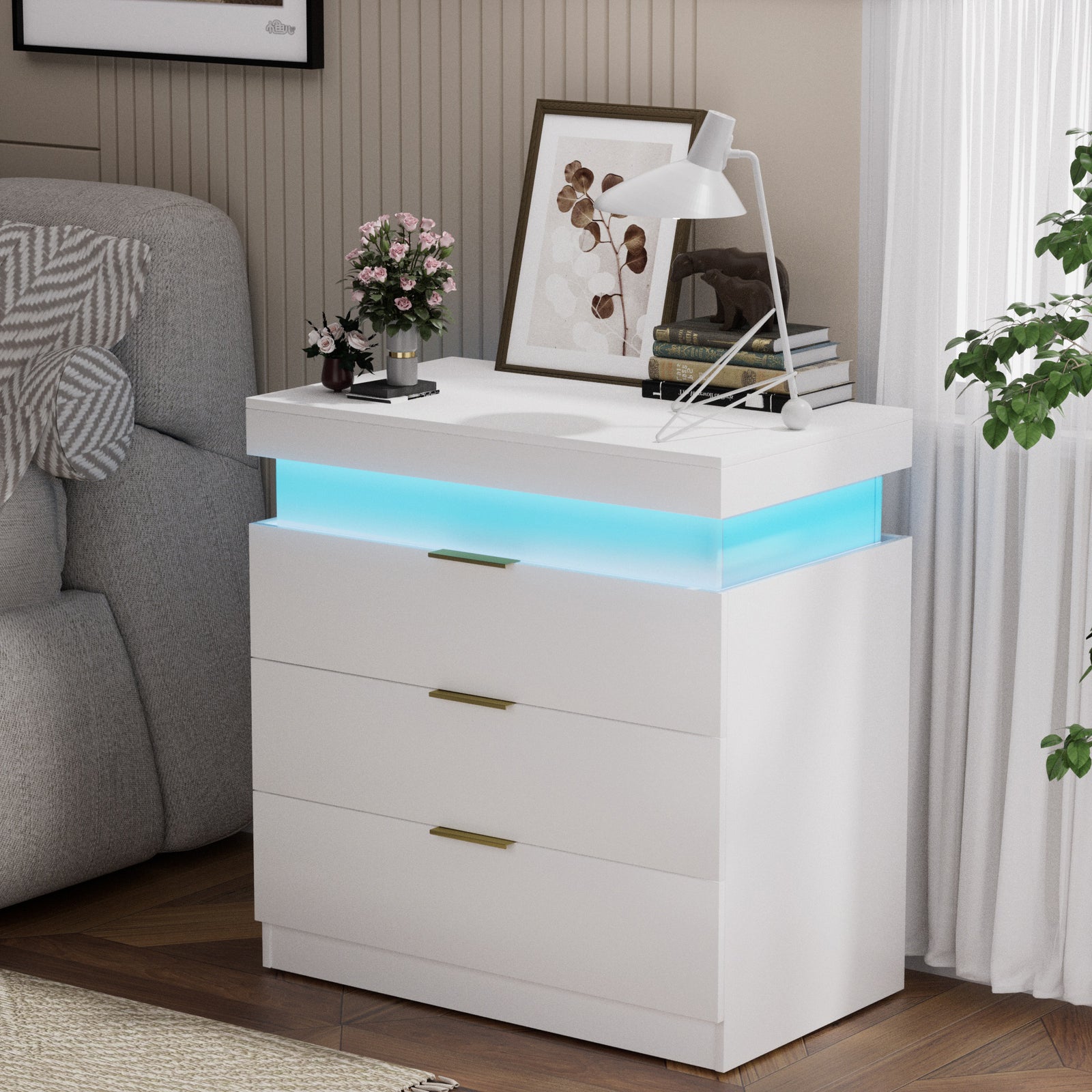 29" White Modern Nightstand with Charging Station & LED Lighting