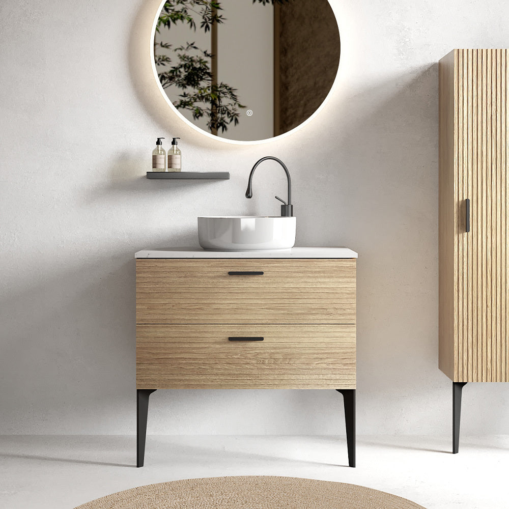 Striped Natural Oak Bathroom Vanity with Ceramic Sink Freestanding Design In Oak