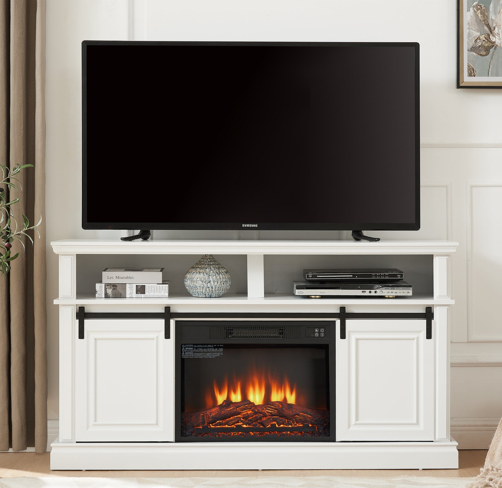 60" Antique White Media Console for TVs up to 65" with Electric Fireplace