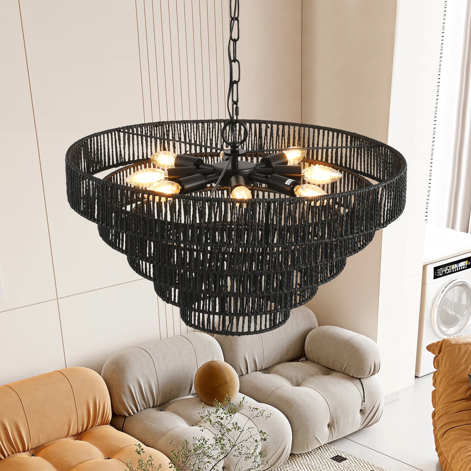 Handmade Rustic Black Hemp Rope Chandelier with 8 E12 Socket