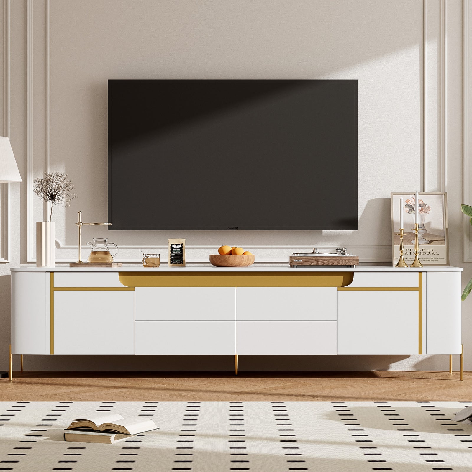 75" TV Stand for TVs Up to 80" in White with Gold Accents