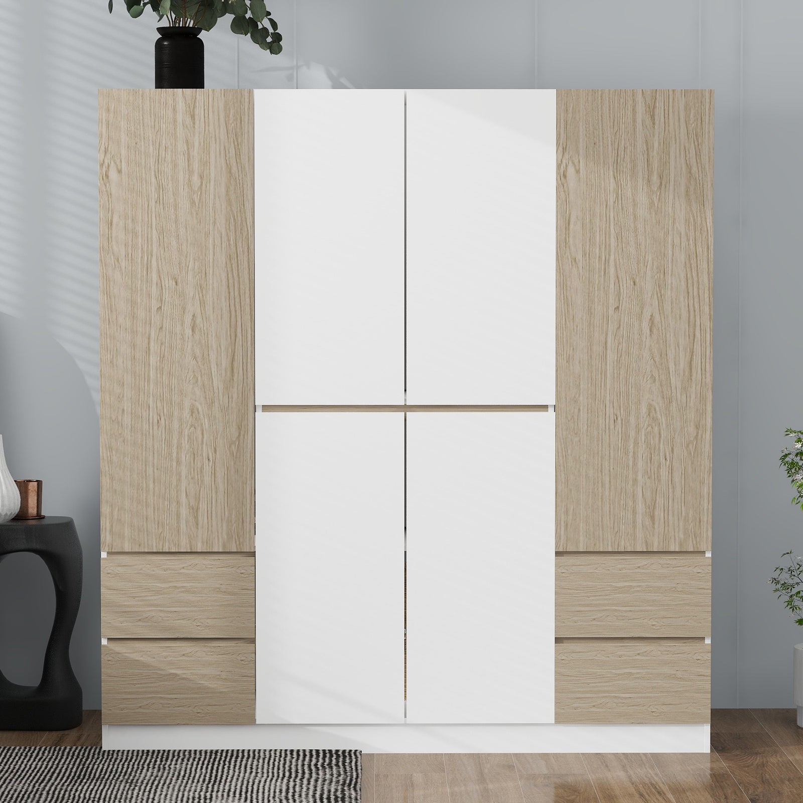 68" White & Natural 6-Door Wooden Wardrobe