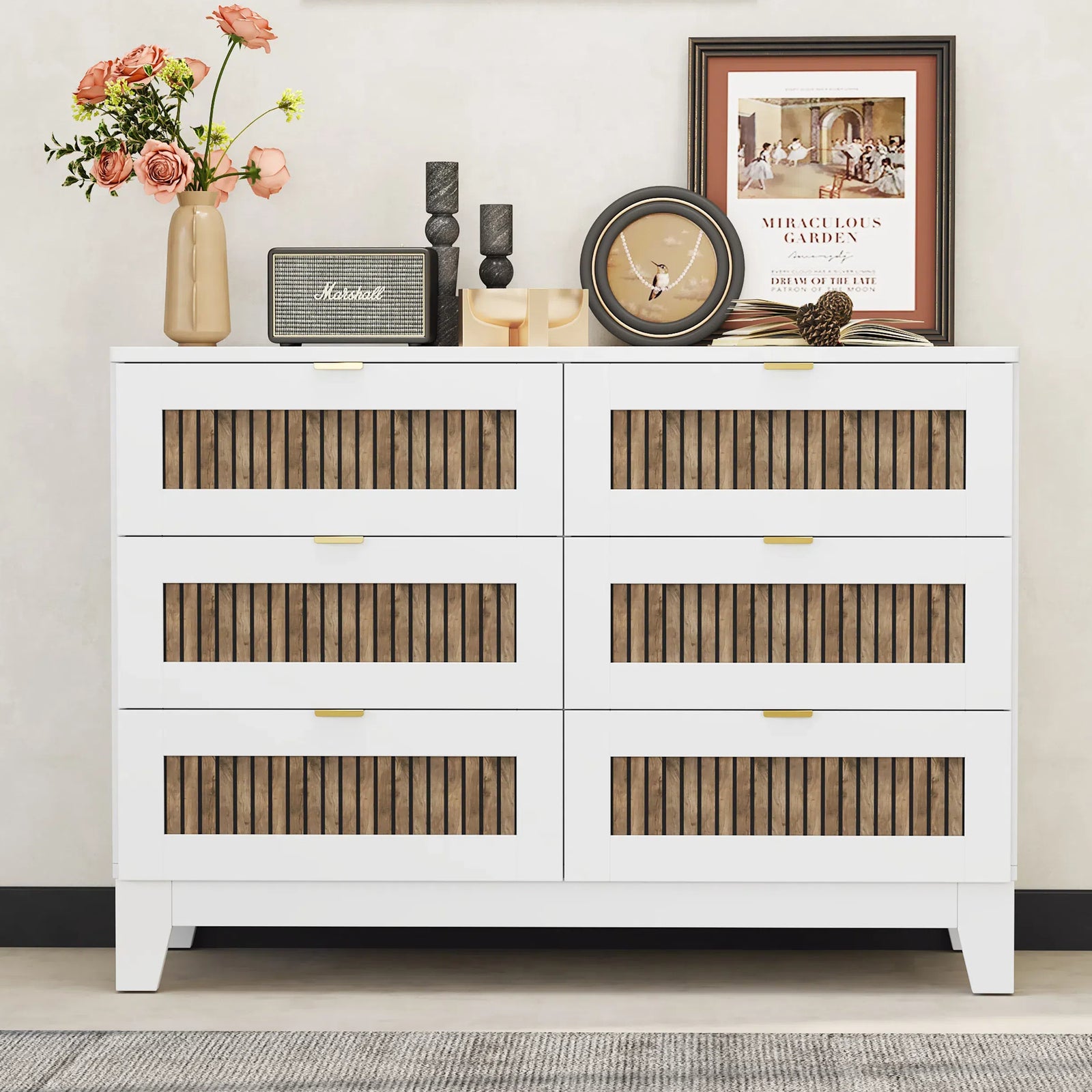 50" White Rustic Farmhouse Style Wooden 6 Drawers Dresser