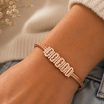 Load image into Gallery viewer, Personalized Family Name Herringbone Chain Bracelet rose gold charm bracelet with engraved name plates Sophia, Payton, Angela, Christian, and Valentine worn on wrist with crystal accents.