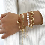 Load image into Gallery viewer, 3 Piece Gold Pearl Bracelet Large Chain Set
