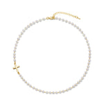 Load image into Gallery viewer, Dainty Faux Pearl Cross Station Choker Necklace