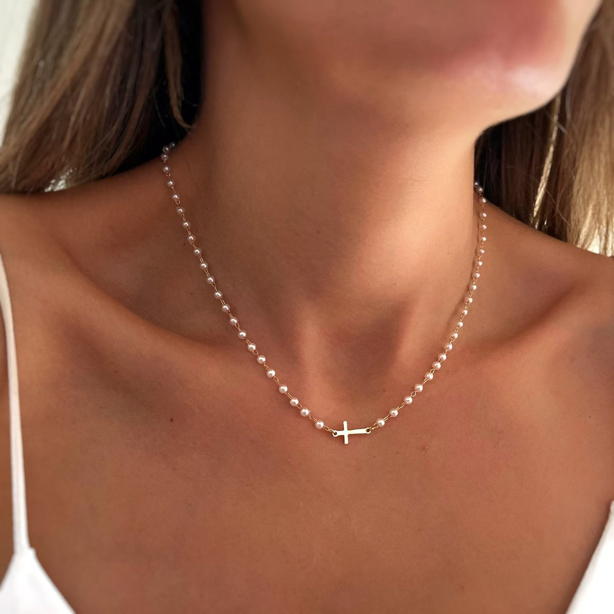 Dainty faux pearl cross station choker necklace