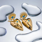 Load image into Gallery viewer, 18k Evil Eye Heart Dangle Earrings