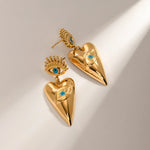 Load image into Gallery viewer, 18k Evil Eye Heart Dangle Earrings