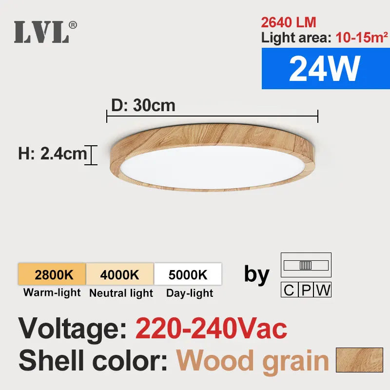 Modern LED Ceiling Light with Wood Grain Finish and Three Color Options