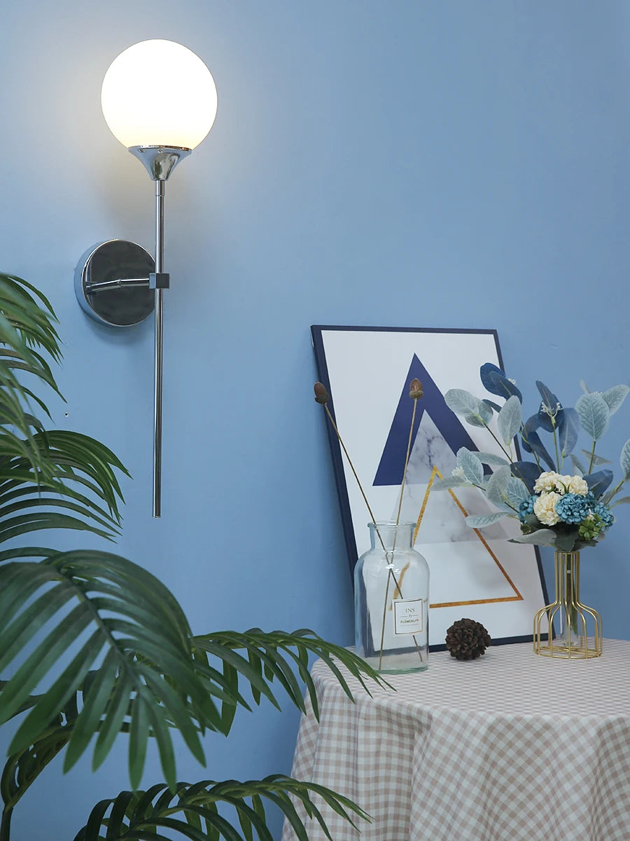 Modern Glass Globe Wall Lamp Light Fixture in Silver Frame