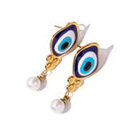 Load image into Gallery viewer, 18k Evil Eye Pearl Drop Earrings
