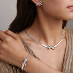 Load image into Gallery viewer, Feminine Bow Herringbone Chain Necklace, Bracelet, and Earring Set