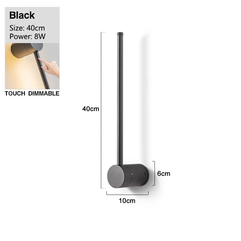 Sleek Black Wall Light with Touch Switch & 360° Rotating Design