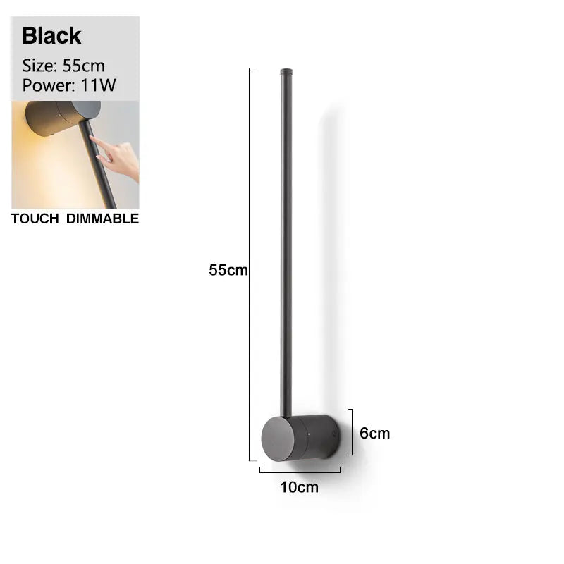 Sleek Black Wall Light with Touch Switch & 360° Rotating Design