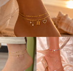 Load image into Gallery viewer, Personalized Initial Anklet Bundle | Classic Letter, 14k Serif Letter & Colorful Pearl Heart Sets