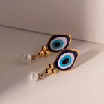 Load image into Gallery viewer, 18k Evil Eye Pearl Drop Earrings