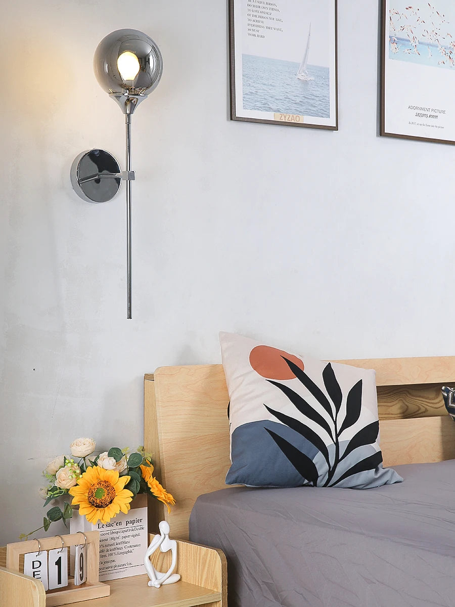 Modern Glass Globe Wall Lamp Light Fixture in Silver Frame