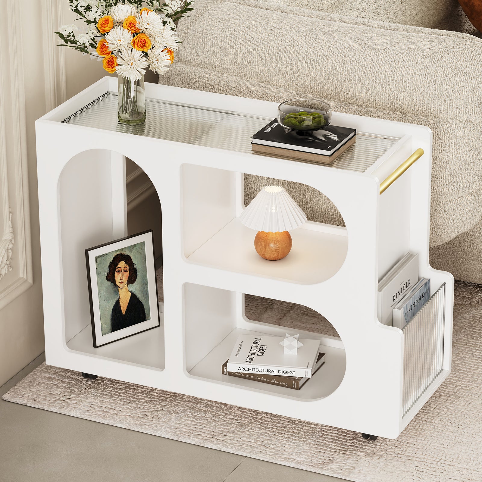 32" White Mobile End Table with Locking Wheels & Fluted Glass