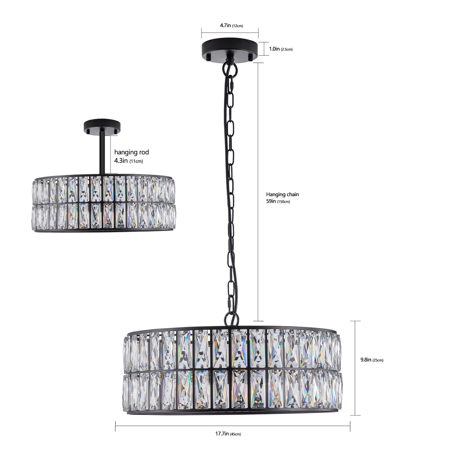 AESTIN'S DECOR Ceiling Light Black Metal Frame Crystal Drum Chandelier