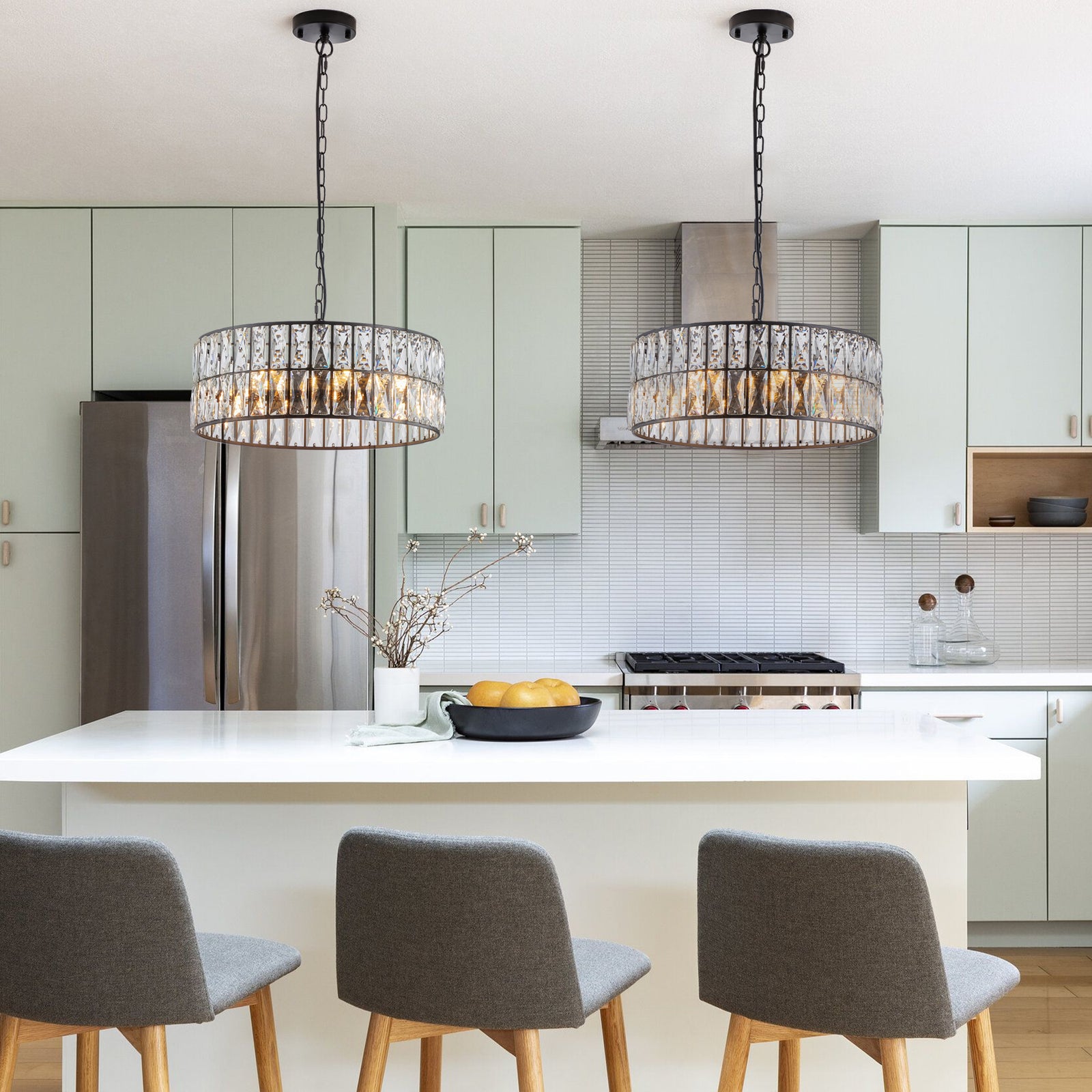 AESTIN'S DECOR Ceiling Light Black Metal Frame Crystal Drum Chandelier