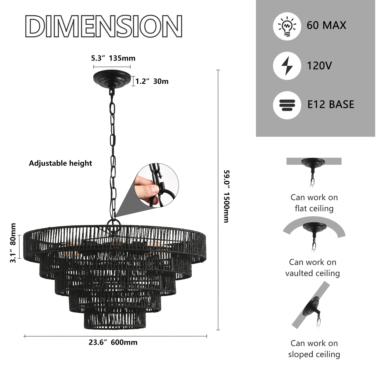 AESTIN'S DECOR Ceiling Light Handmade Rustic Black Hemp Rope Chandelier with 8 E12 Socket