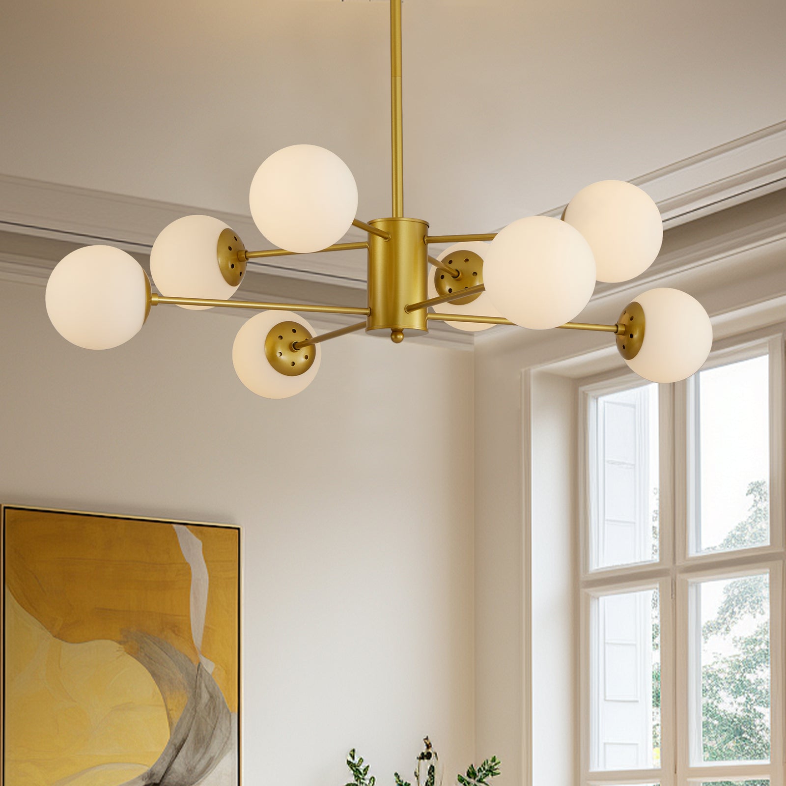AESTIN'S DECOR Ceiling Light Modern 8-Light Gold Chandelier with White Glass Globe Shades