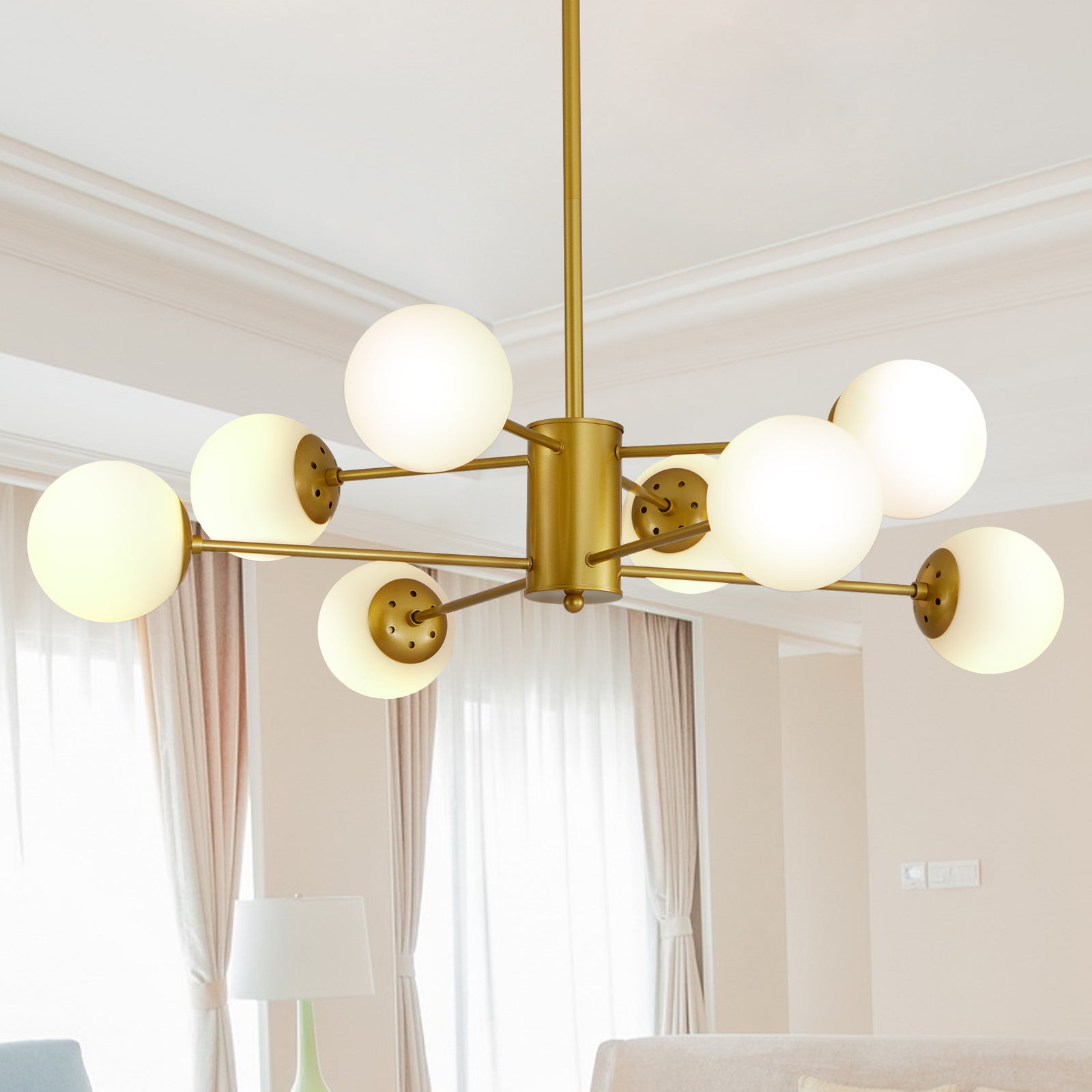 AESTIN'S DECOR Ceiling Light Modern 8-Light Gold Chandelier with White Glass Globe Shades