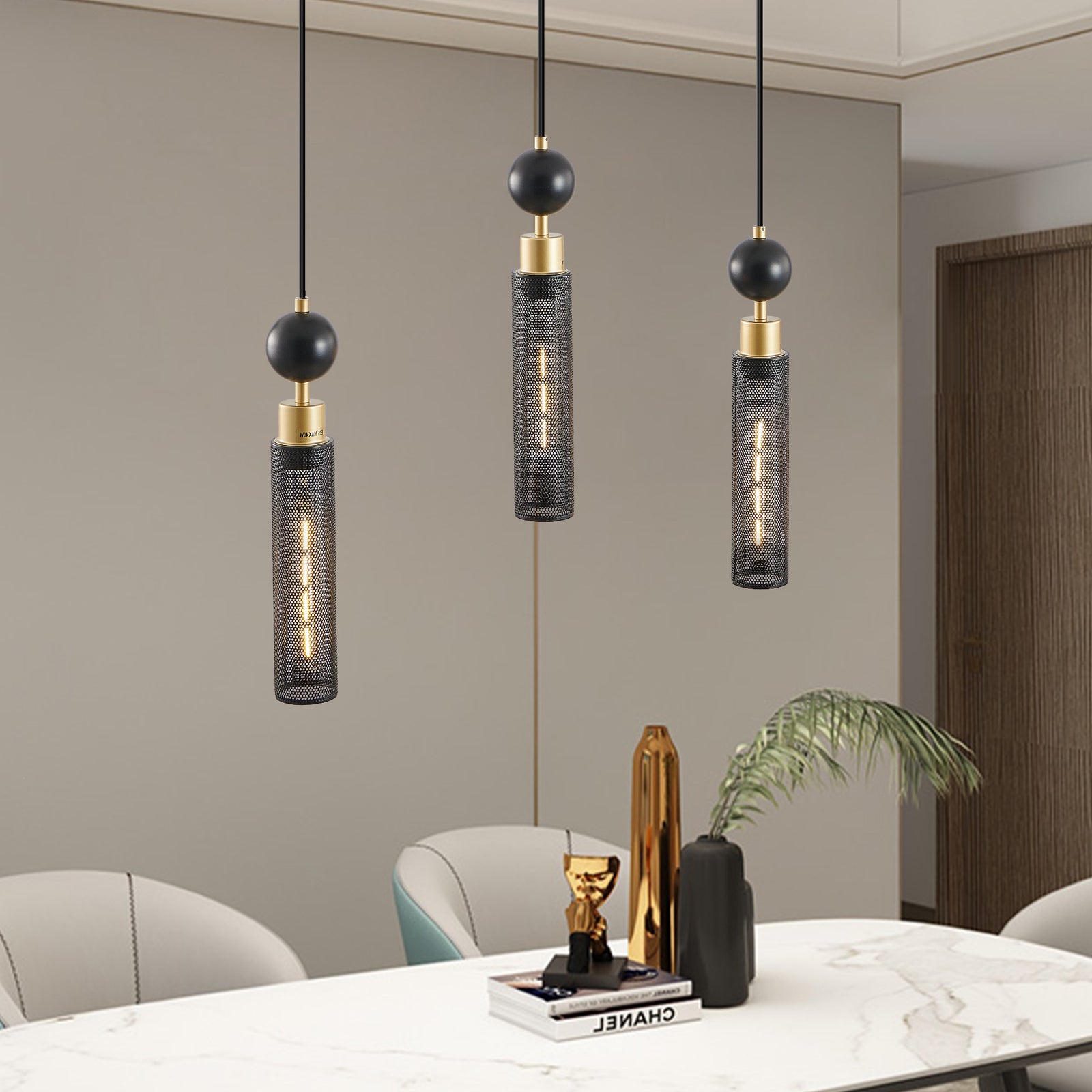 AESTIN'S DECOR Ceiling Light Modern Black & Gold Adjustable 3-Light Pendant Chandelier