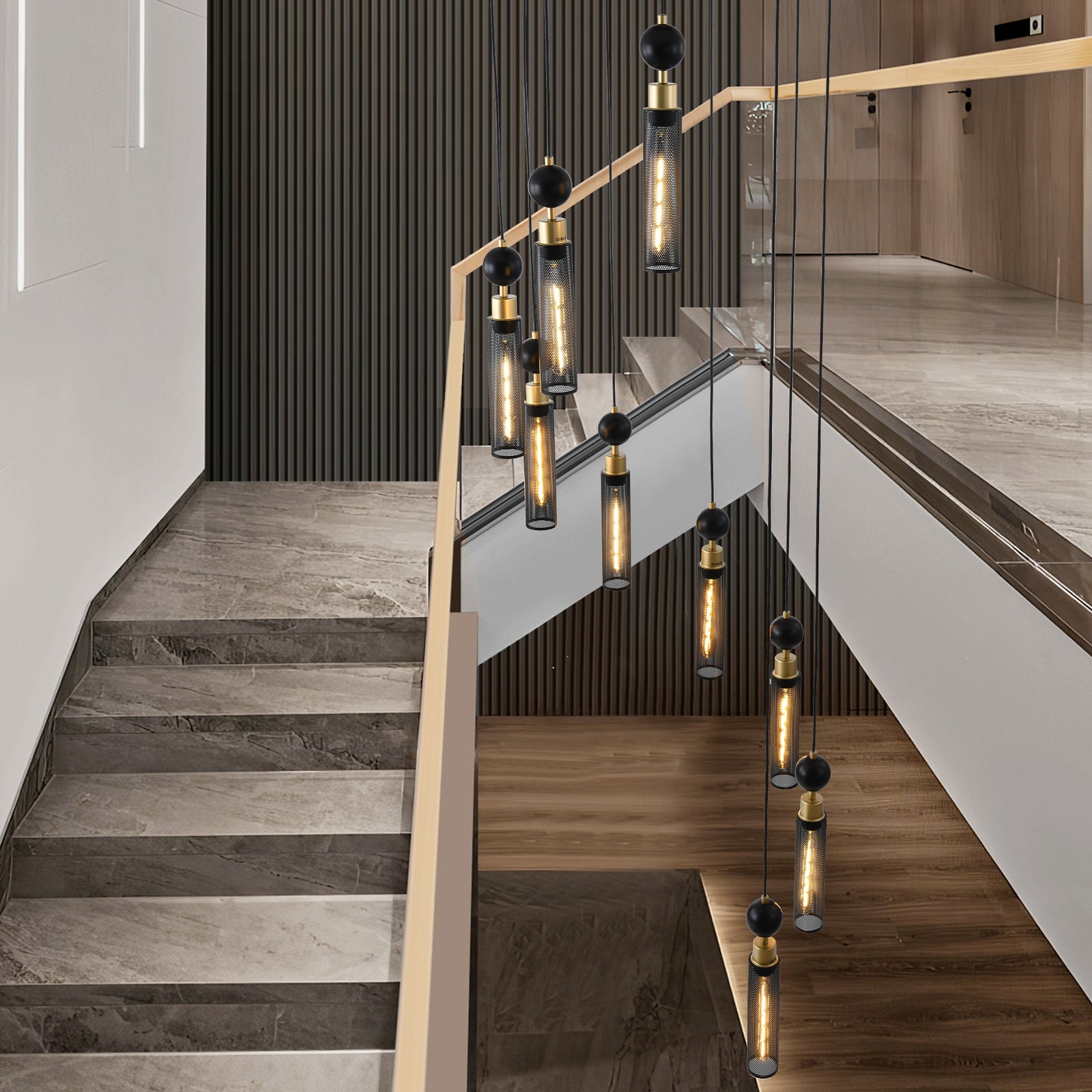 AESTIN'S DECOR Ceiling Light Modern Industrial 9-Light Pendant Chandelier in Black and Gold