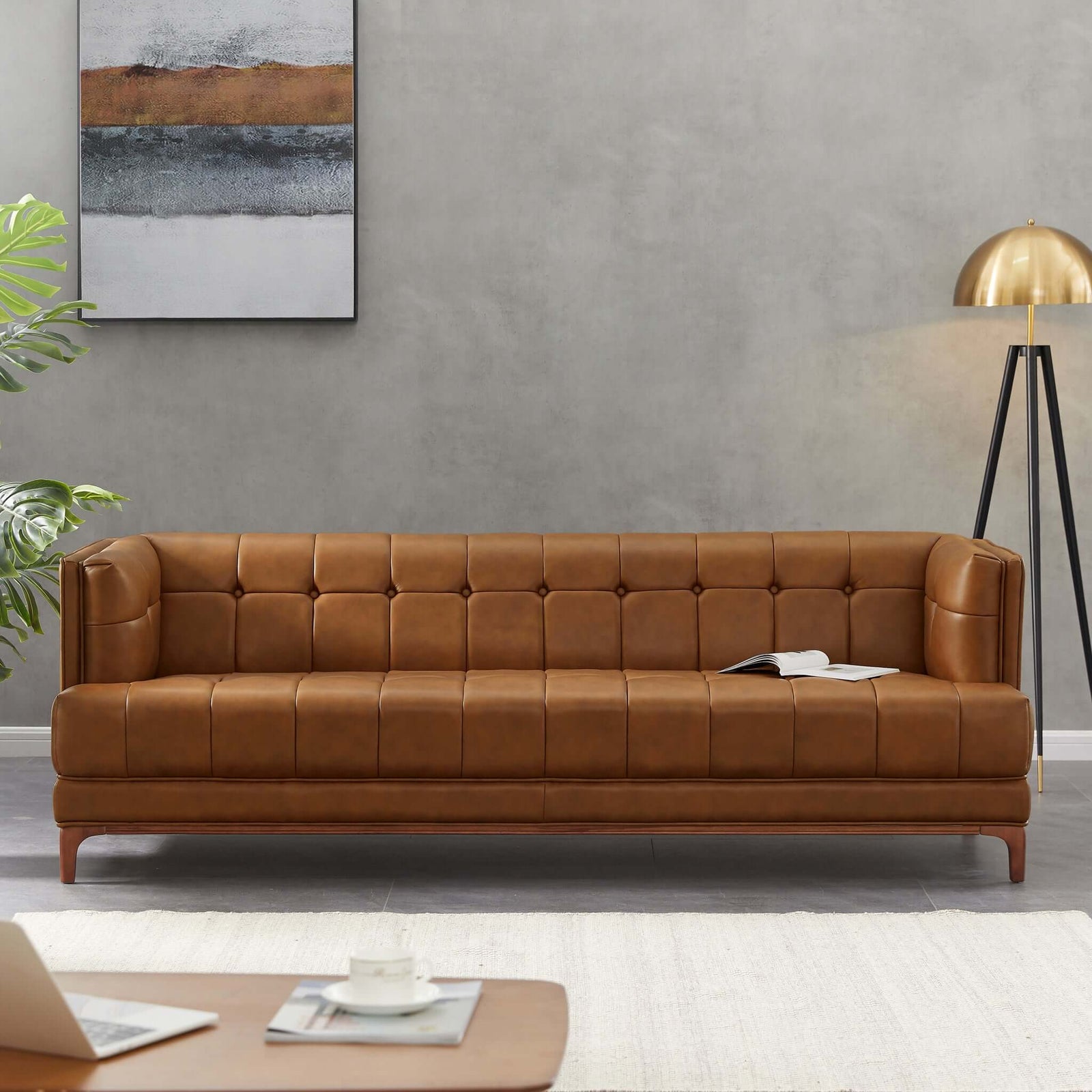 Ashcroft Imports Mara Tufted Cognac Leather Sofa