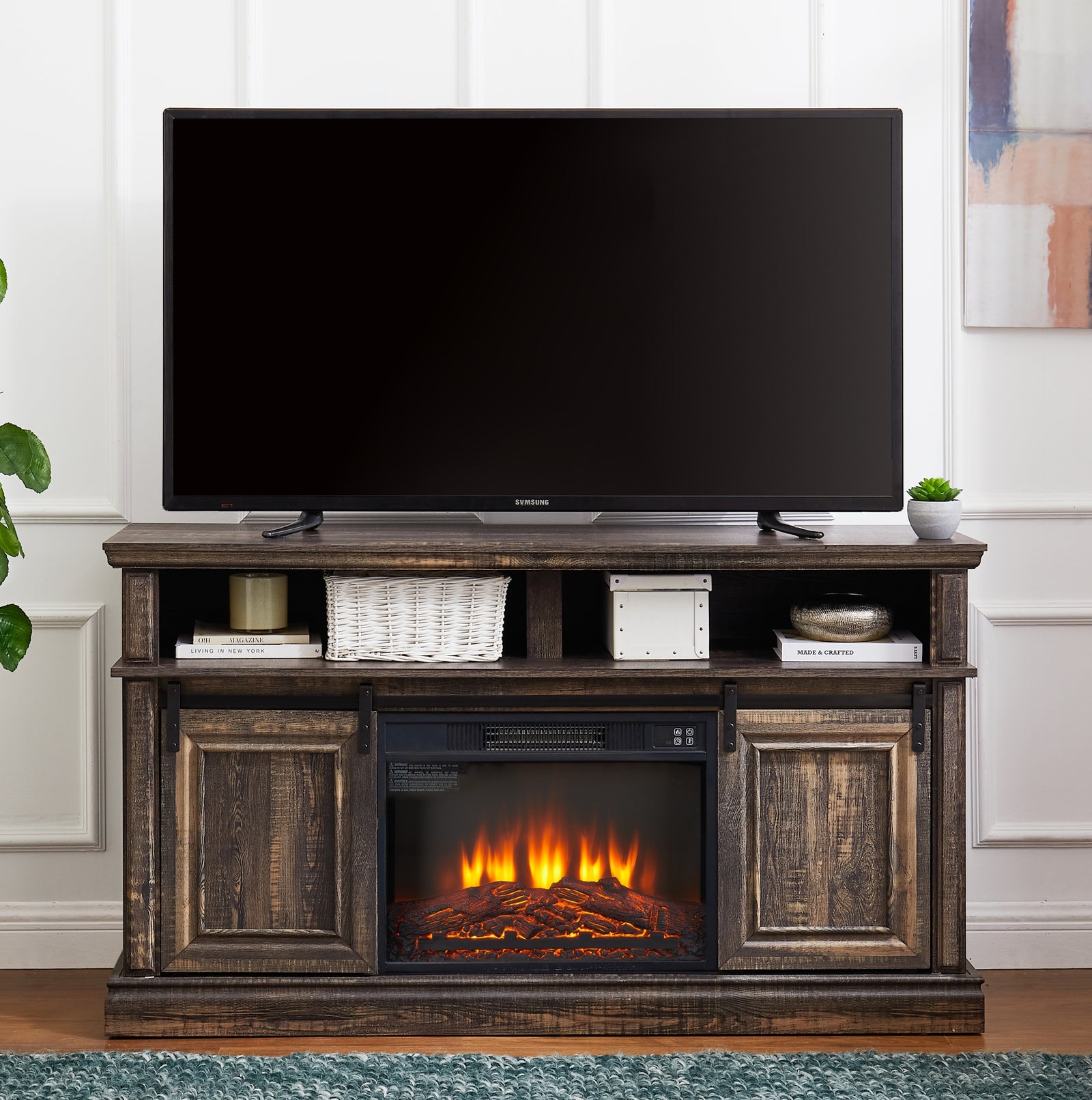 60" Brown Mid Century Modern Entertainment Center & TV Stand with 23" Electric Fireplace