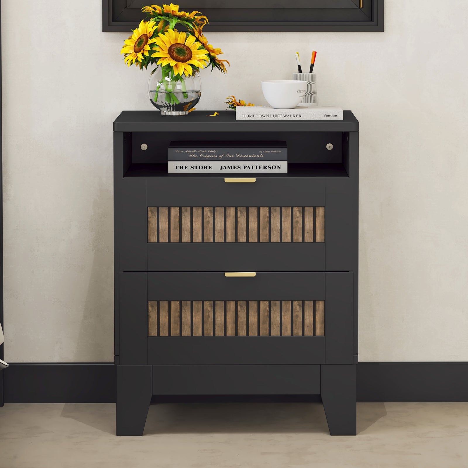 20" Farmhouse Black & Wooden Nightstand with Storage Cabinet