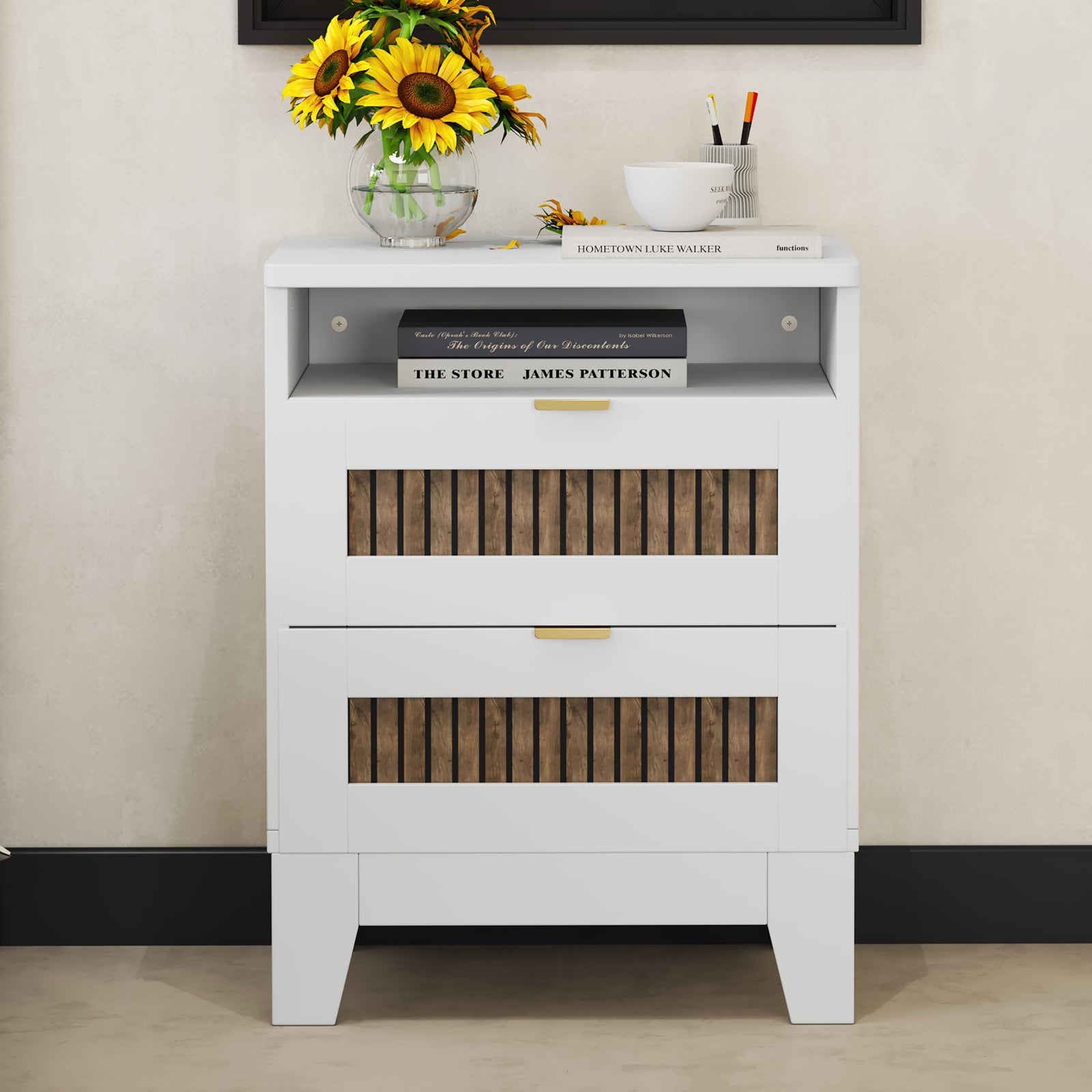 20" White 2-Drawer Farmhouse Wooden Nightstand with Metal Handling