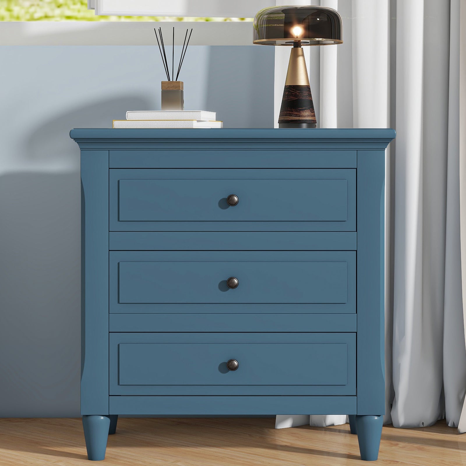 28" Blue 3-Drawer Nightstand & Bedside Cabinet