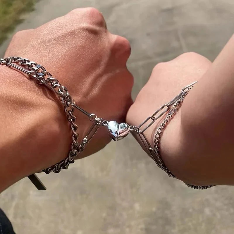 Couples magnetic heart cuban paperclip chain bracelet set 143769