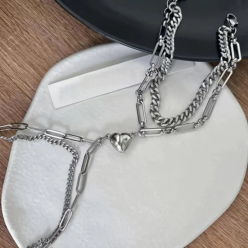 Couples magnetic heart cuban & paperclip chain bracelet set