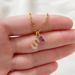 Load image into Gallery viewer, Dainty Diamond Letter Initial & Birthstone Paperclip Chain Necklace
